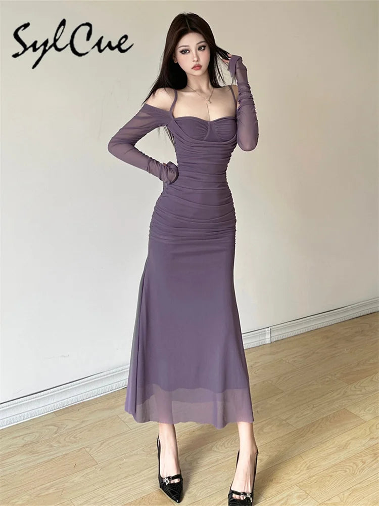 Elegant Long Sleeve Party Dress For Women Solid Color