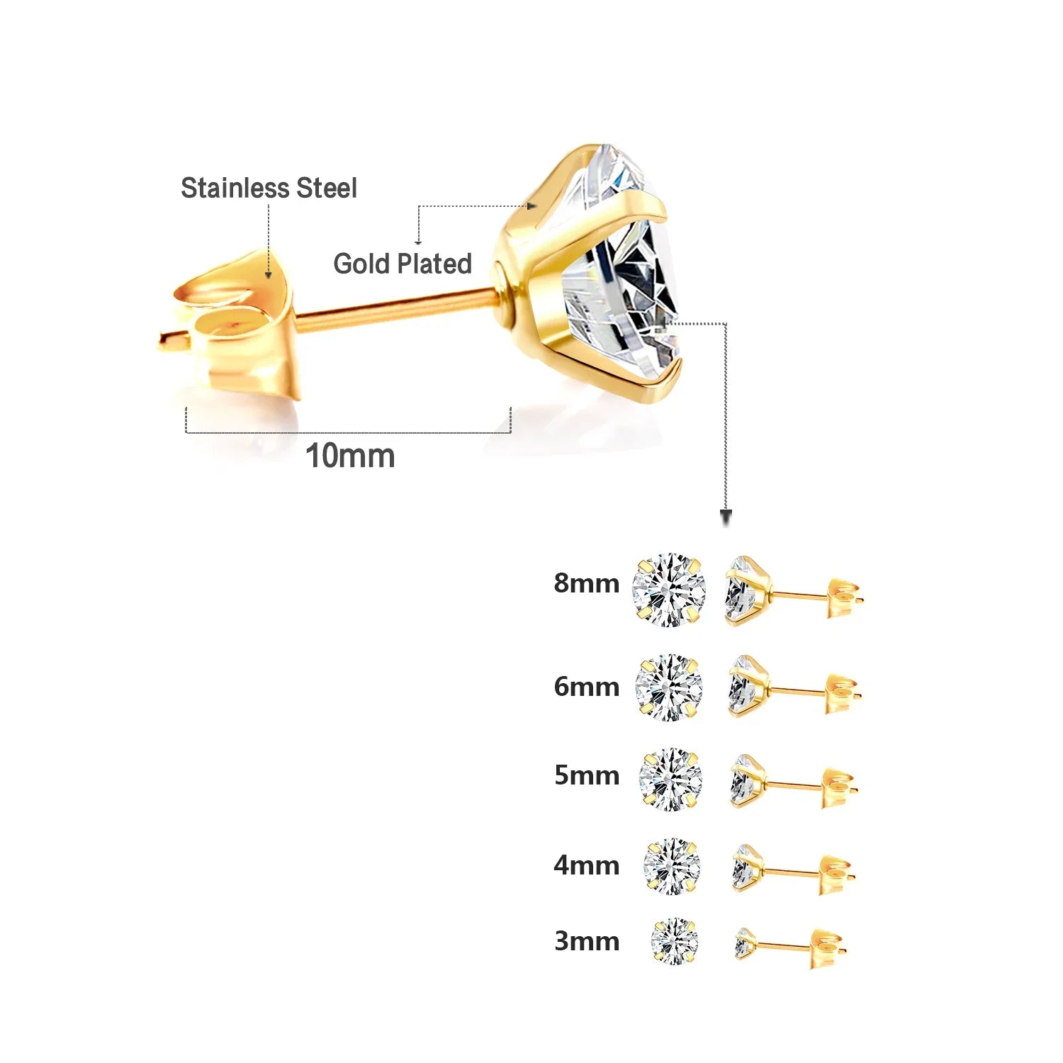 Stainless Steel Crystal Stud Earrings for Men and Women with 4 Prong Round Clear Cubic Zirconia