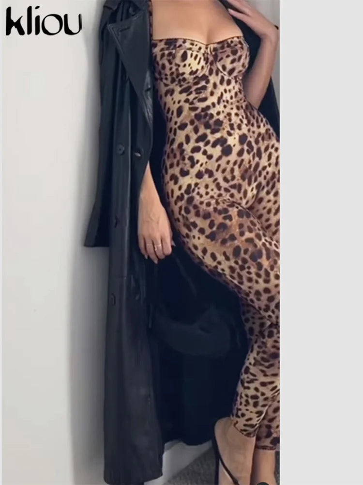 Leopard Print Women Jumpsuit Sexy Low Neck Spaghetti Strap Skinny Fit Clubwear Overalls