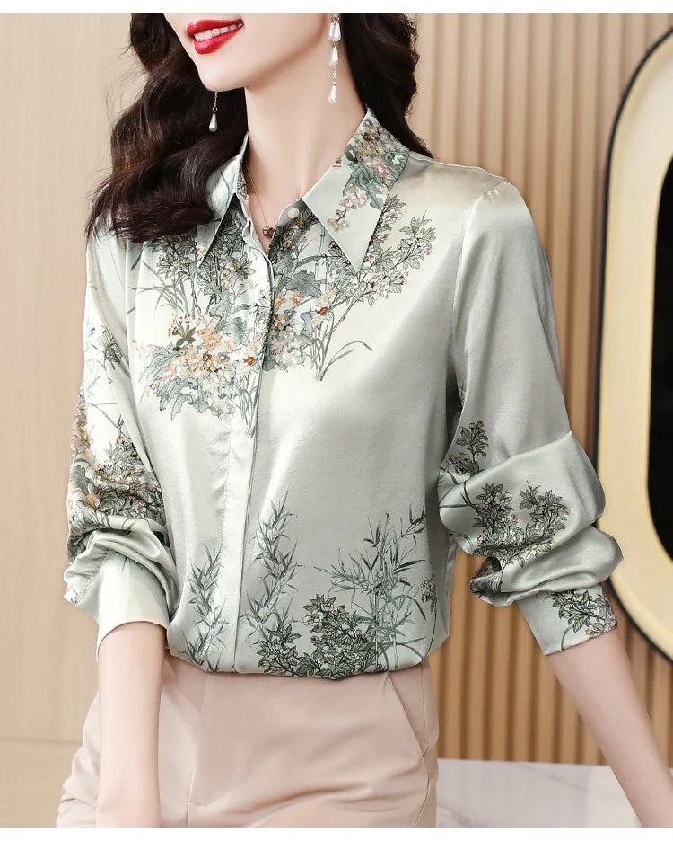 Elegant Floral Blouse for Women Spring Luxury Office Lady Shirt Basic Feminine Tops