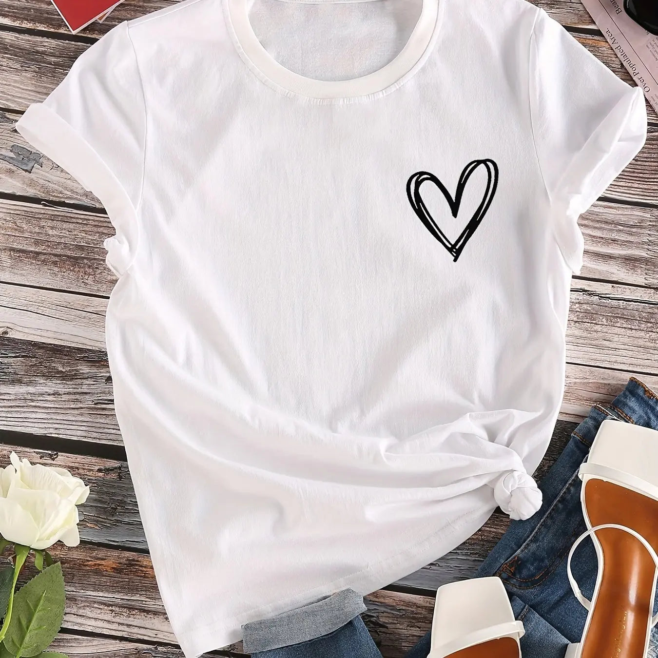 Heart Print Casual T-Shirt for Women, Crew Neck Short Sleeve Everyday Top