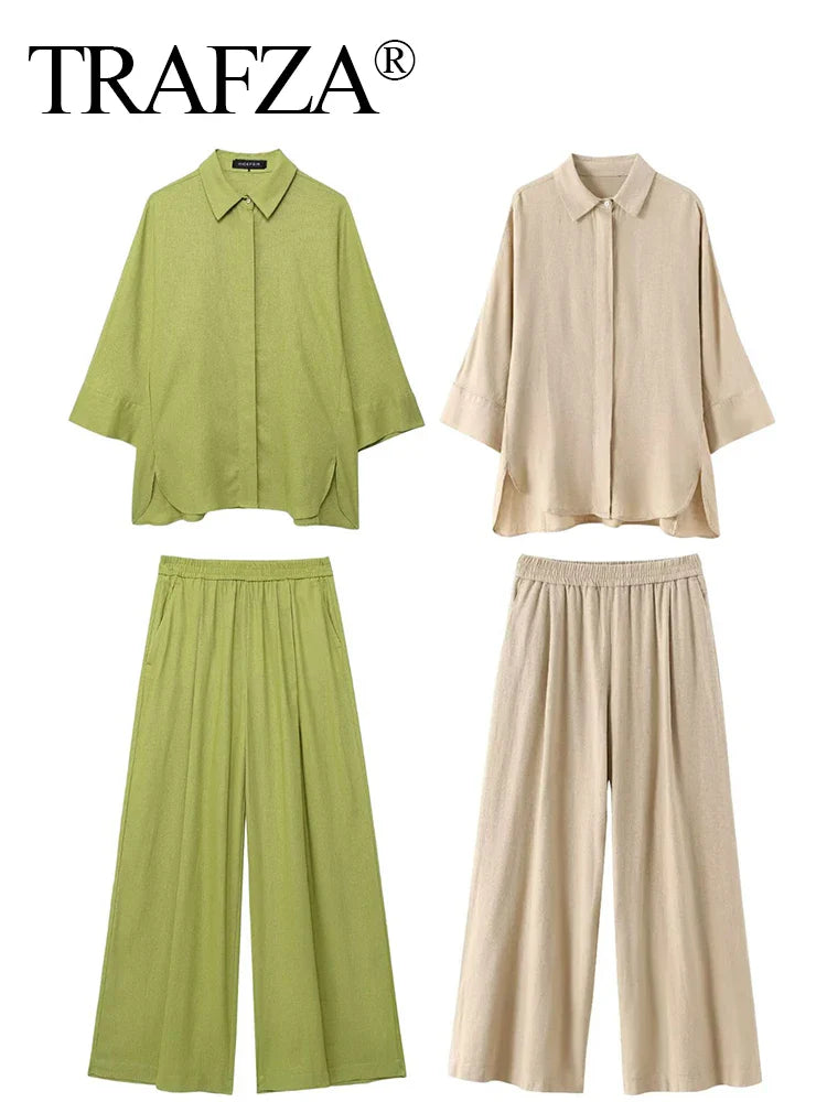Women Casual Summer Outfit Two Piece Set with Solid Loose Lapel Shirt and High Waist Wide Leg Pants