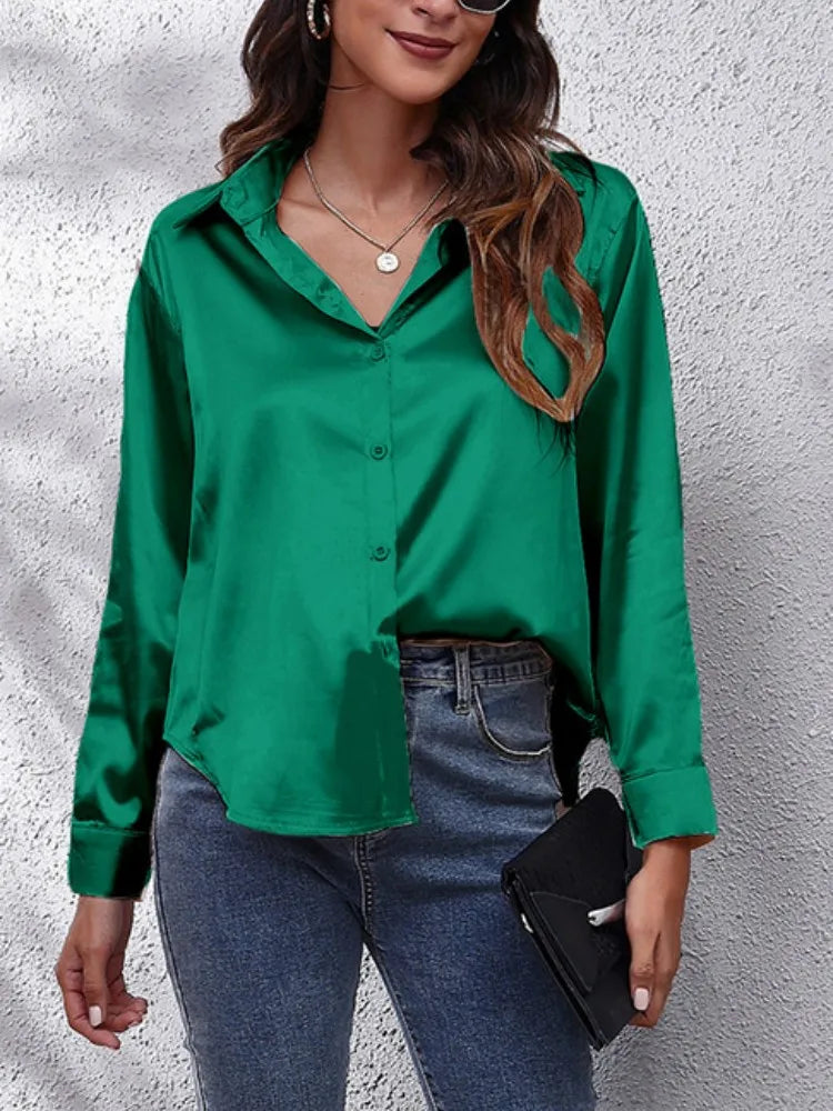 Women's Loose Satin Blouse Button Up Shirt Long Sleeve Imitation Silk Spring Top
