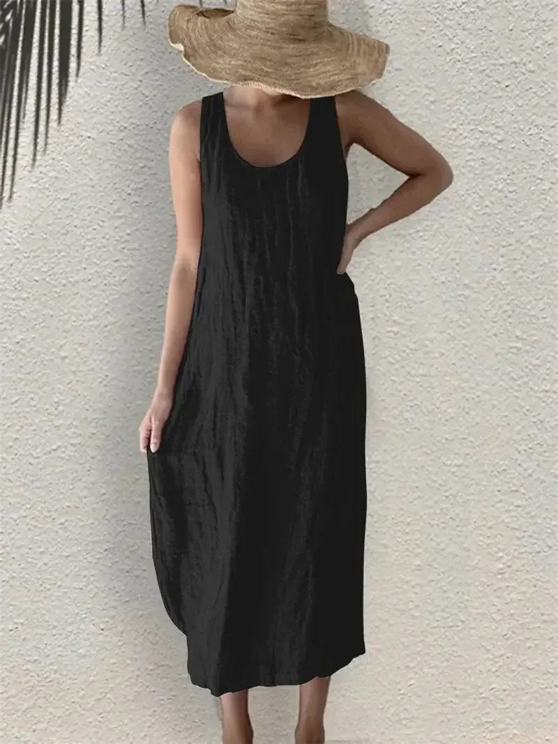 Women Cotton Linen Dress With Side Pockets O Neck Sleeveless