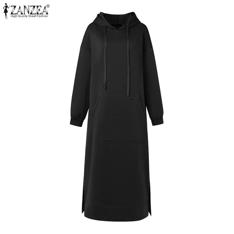 Womens Hooded Maxi Dress Boho Kaftan Robe with Pockets