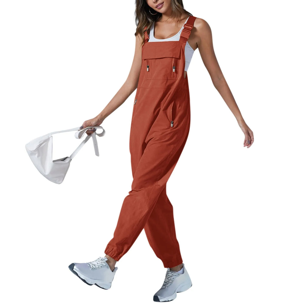 Women's Summer Casual Loose Wide Leg Jumpsuit with Adjustable Straps Pockets and Retro Button Detail Solid Color Sleeveless Overalls