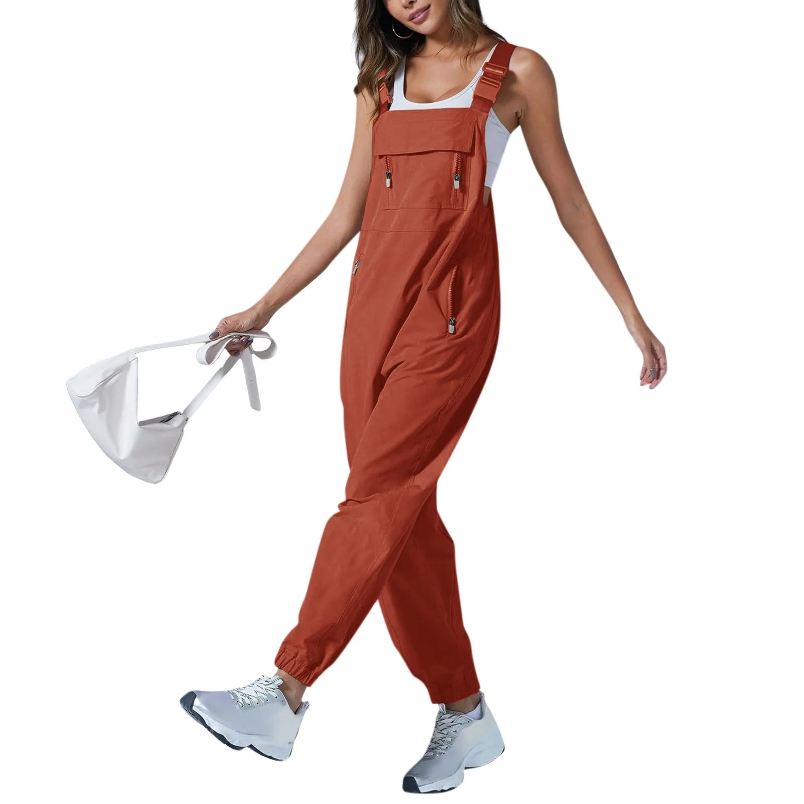 Women's Summer Casual Loose Wide Leg Jumpsuit with Adjustable Straps Pockets and Retro Button Detail Solid Color Sleeveless Overalls
