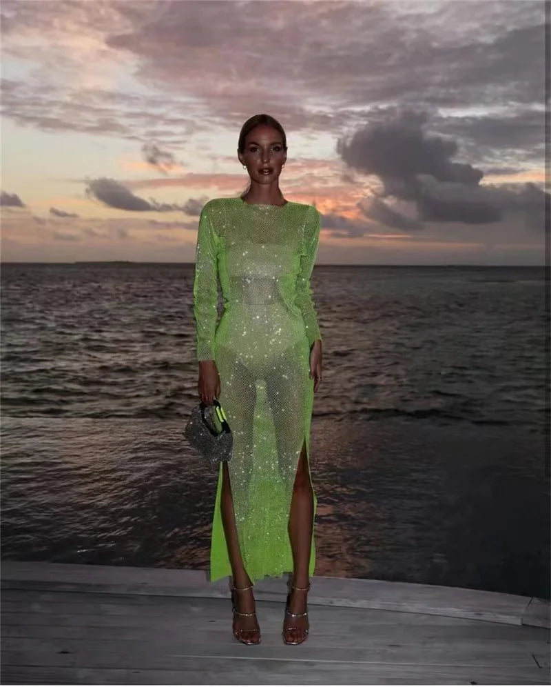 Rhinestone See Through Club Dress With Fishnet Details