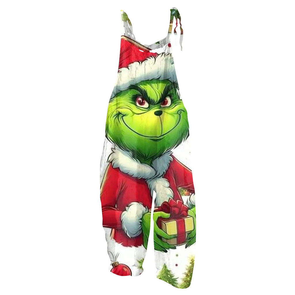 Kawaii Cartoon Print Casual Loose Vintage Strappy Jumpsuit Women's Fashion Festival Pants with Christmas Theme