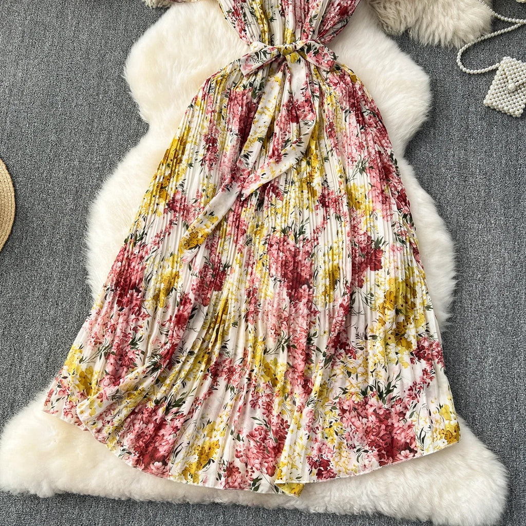 Retro Floral Chiffon Midi Dress With Ruffle Details