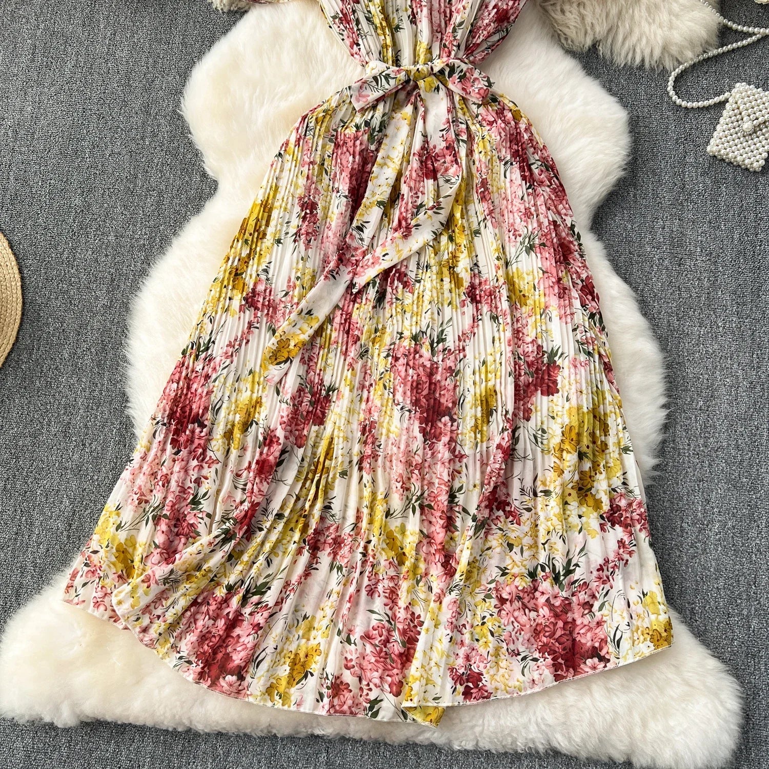 Retro Floral Chiffon Midi Dress With Ruffle Details