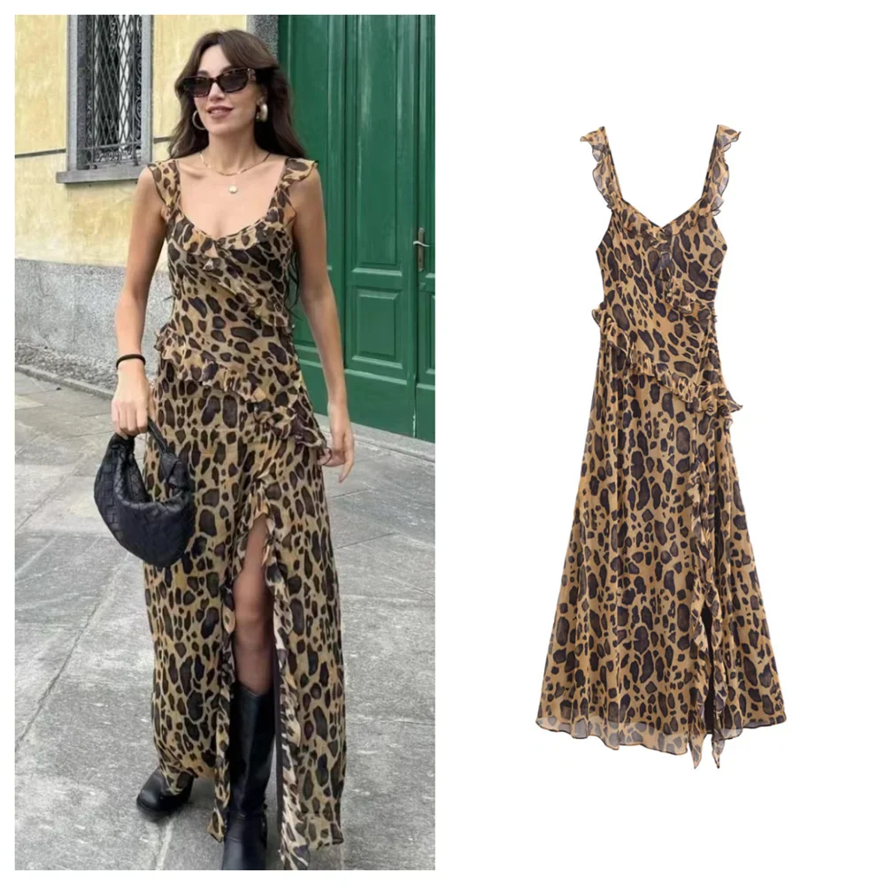 Leopard Print Layered Dress for Women Slim Fit Elegant