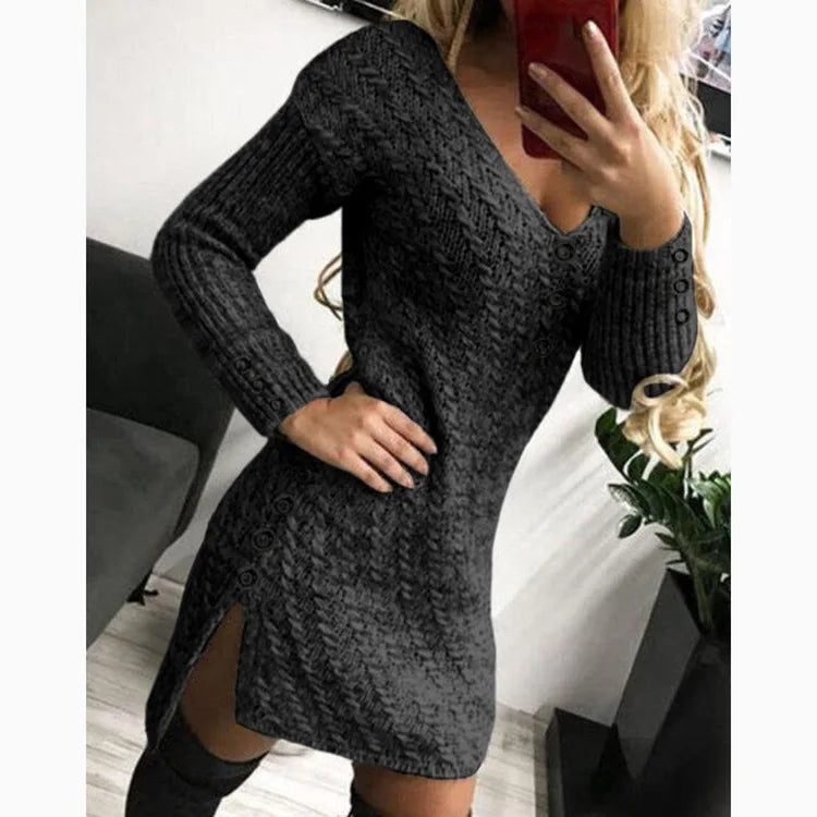 V Neck Knitted Dress Slim Fit Autumn Winter Solid Color