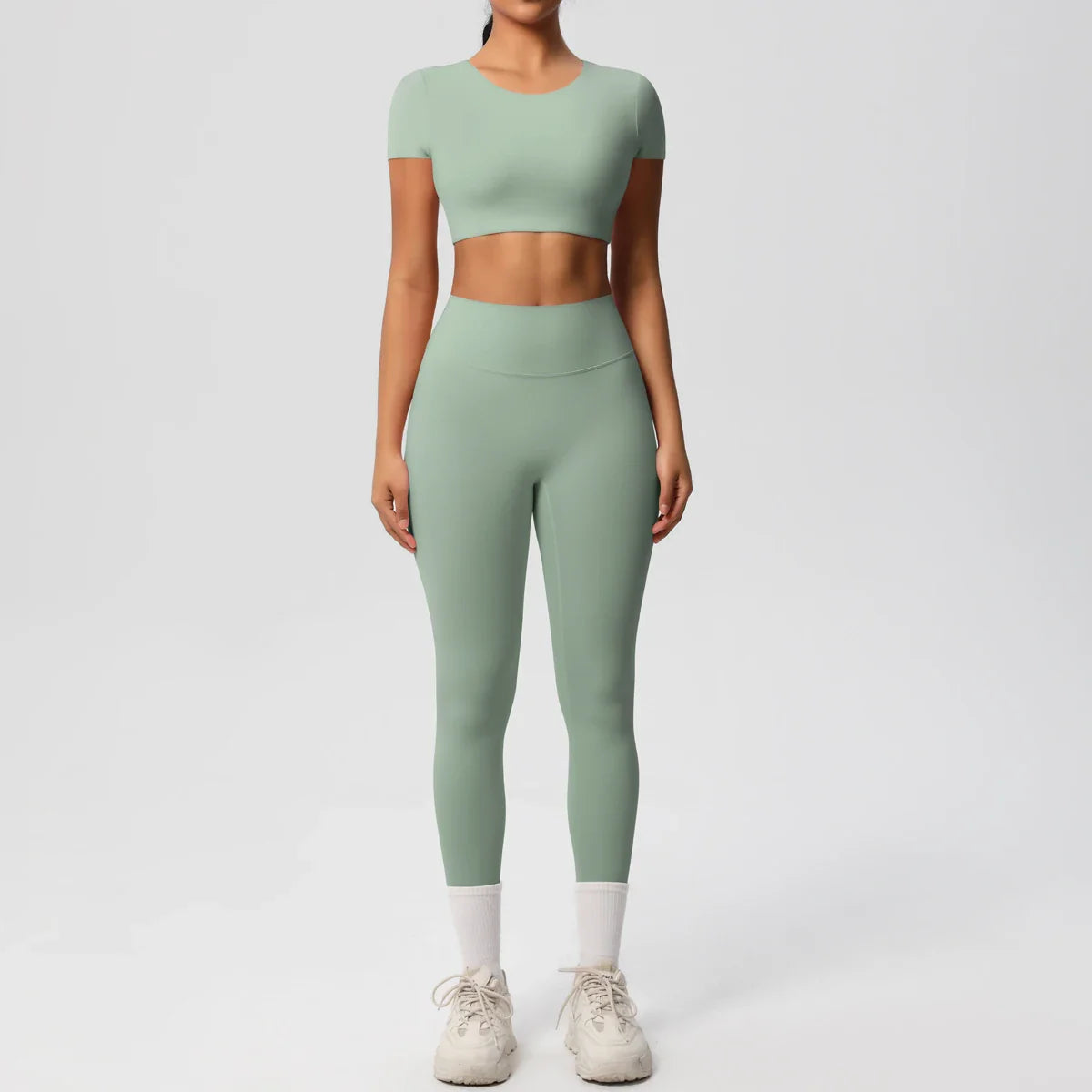 Yoga Set for Women Fitness Sportswear with Short Sleeve Top and High Waist Leggings