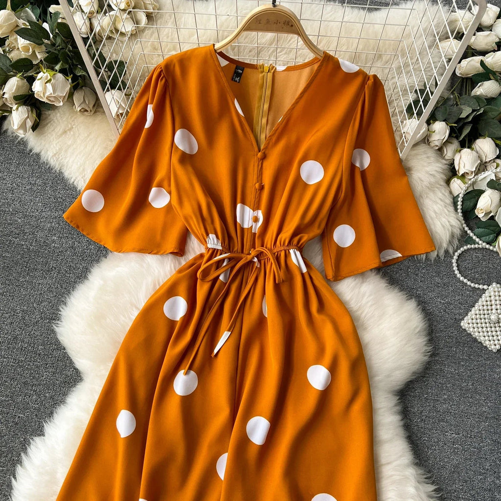 Women Wide Leg Polka Dot Jumpsuit with V Neck Dolman Sleeves and Slim Waist Design