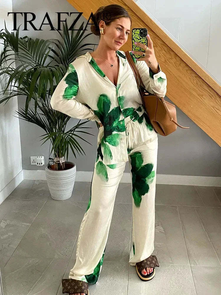 Elegant Floral Print Two-Piece Suit for Women Long Sleeve Lapel Blouse and Drawstring Wide Leg Pants Casual Summer Outfit
