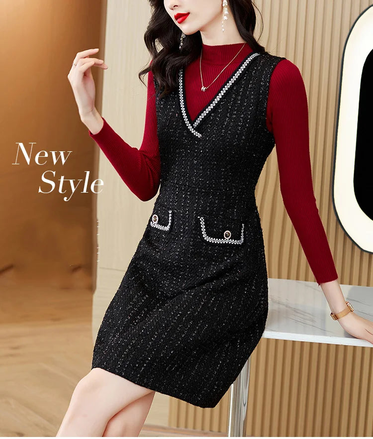 Women Tweed Sweater Vest Dress Two Piece Set For Office