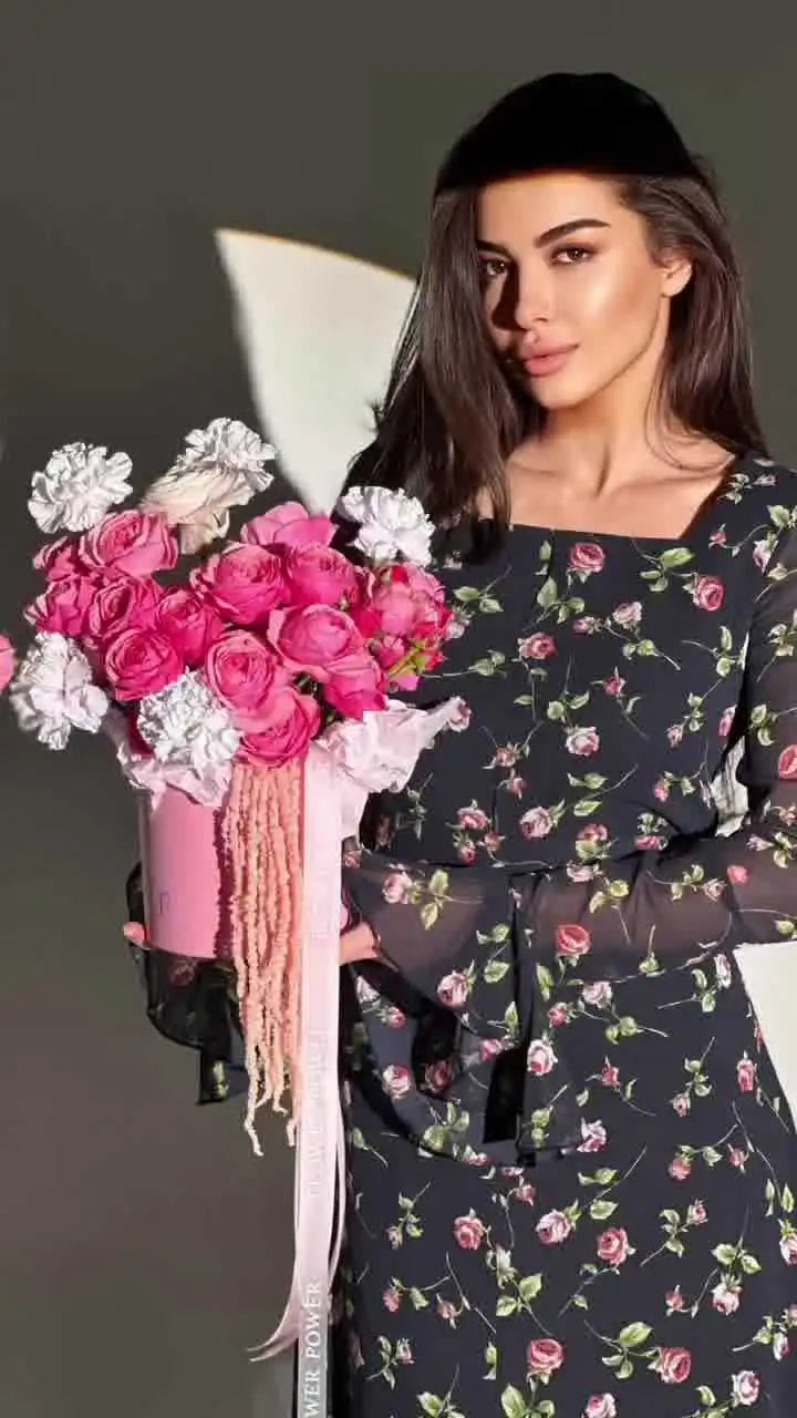 Elegant Printed Chiffon Maxi Dress With Lotus Sleeve Details