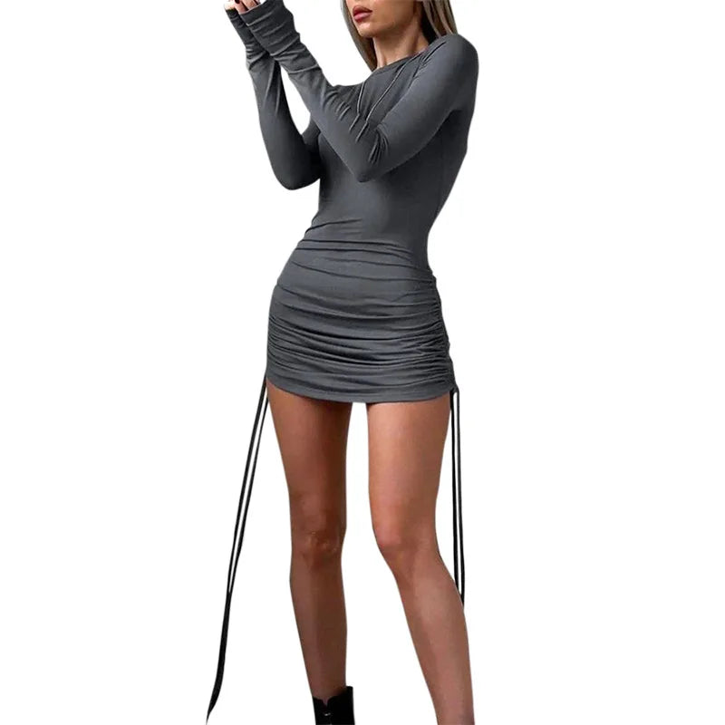 Y2K Ruched Bodycon Mini Dress Long Sleeve Black Party