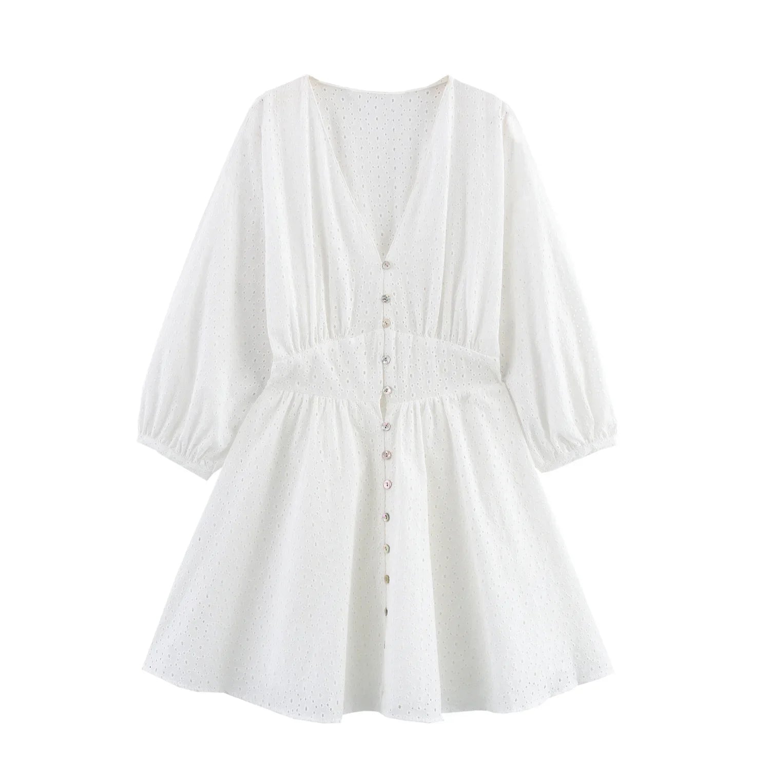 Womens Hollow Embroidery V Neck Lantern Sleeve Mini Dress