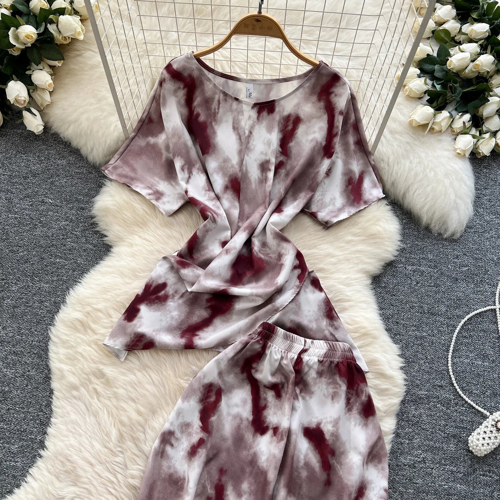 Printed Women Summer Fashion Two Piece Set with Short Sleeve Top and Wide Leg Long Pants for Casual Streetwear Outfits