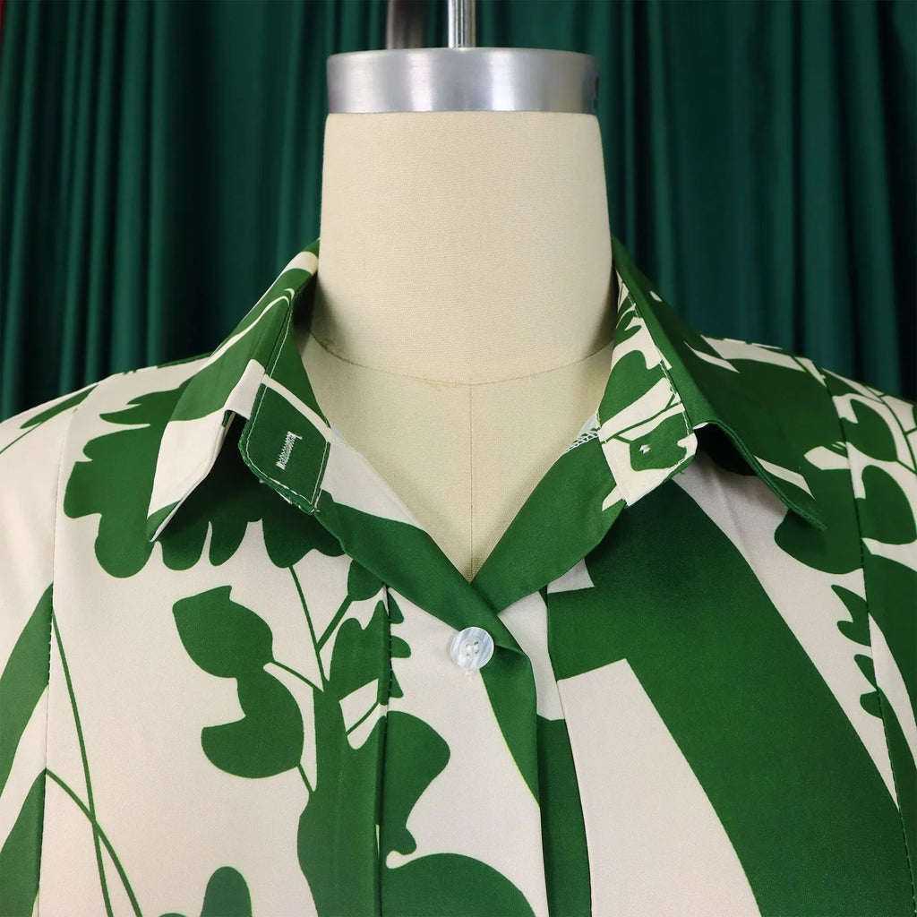 Printed Dress For Women Elegant Turn Collar Ankle Length