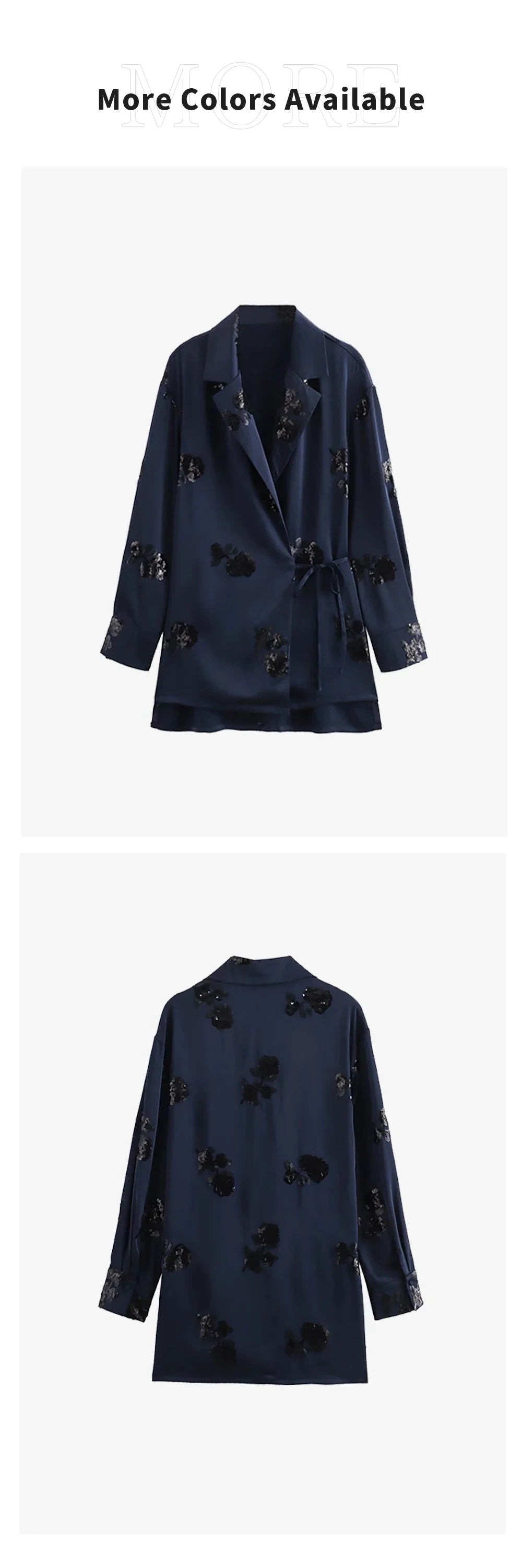 Elegant Women's Satin Kimono Coat with Sequin Lace-Up Detail and Beaded Silk Texture Pants Set