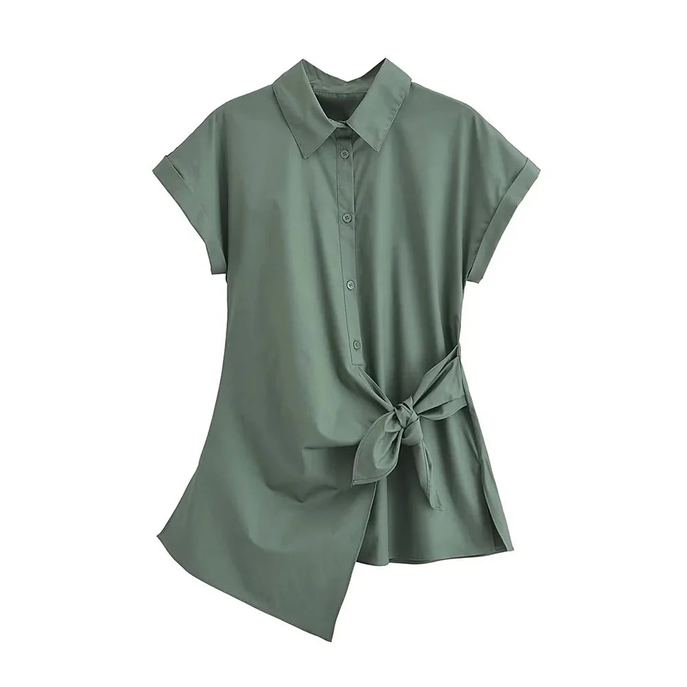 Asymmetric Poplin Shirt for Women with Front Knot Ties Short Sleeve Button-Up Chic Blouse Top