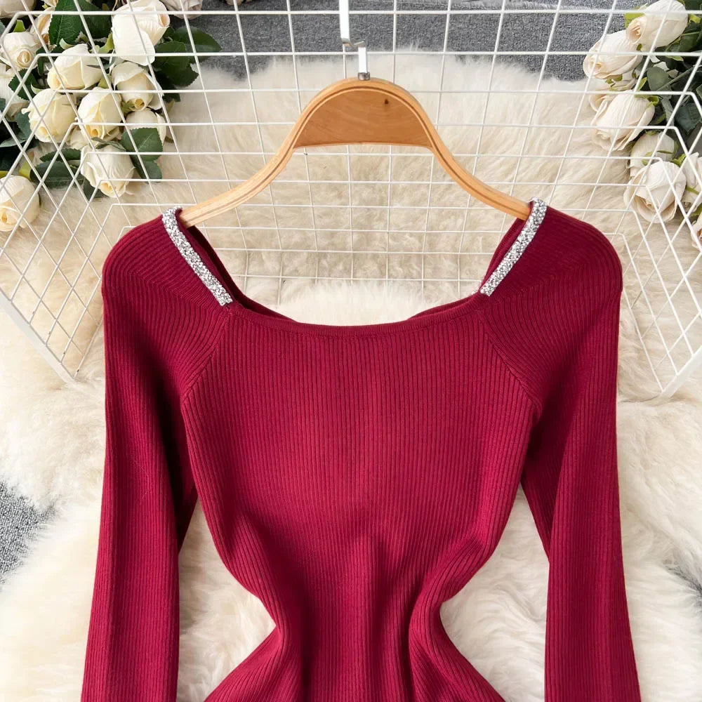 Knit Bodycon Dress For Women Long Sleeve Winter Sweater