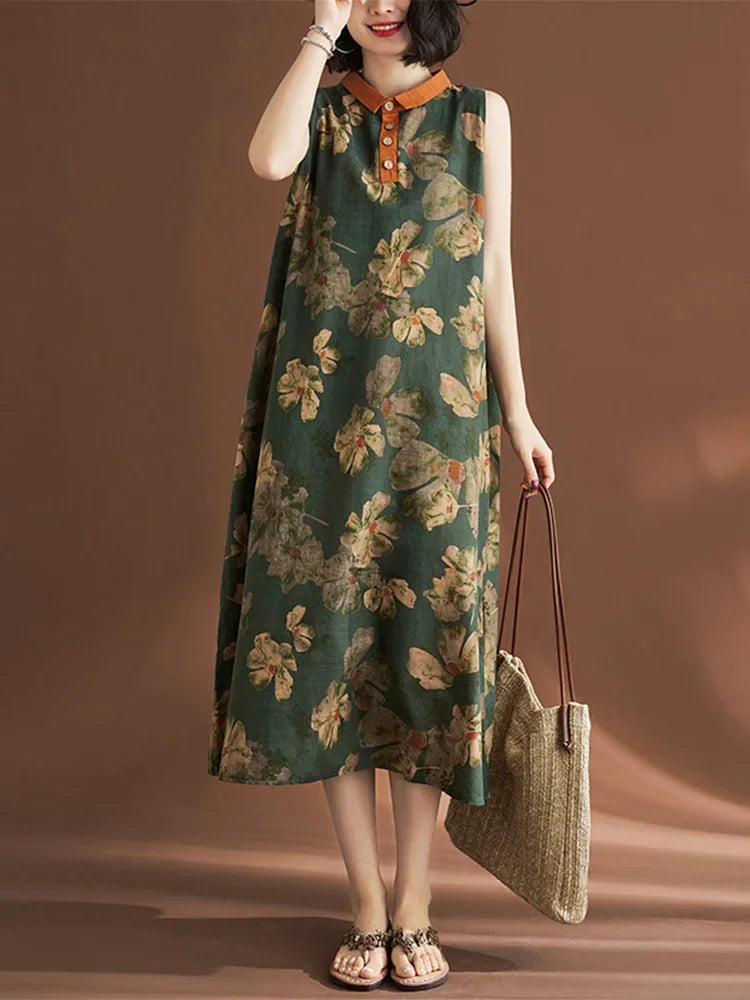 Printed Linen Sleeveless Dress for Women Summer Casual