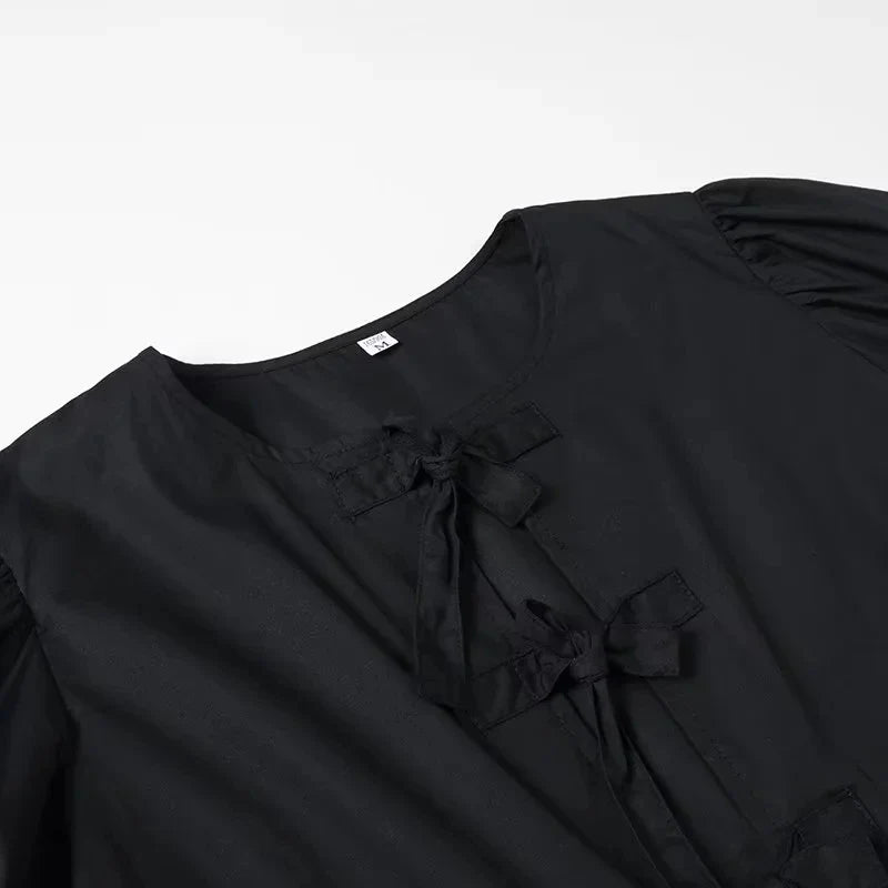 Women Bow Lace Up Puff Sleeve Blouse O Neck Sweet Casual Chic Top in White and Black