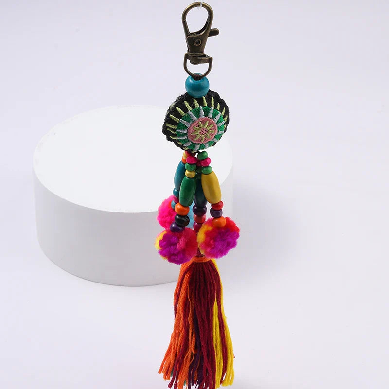 Colorful Flower Charms Keychain with Wooden Beads and Pompom Boho Jewelry