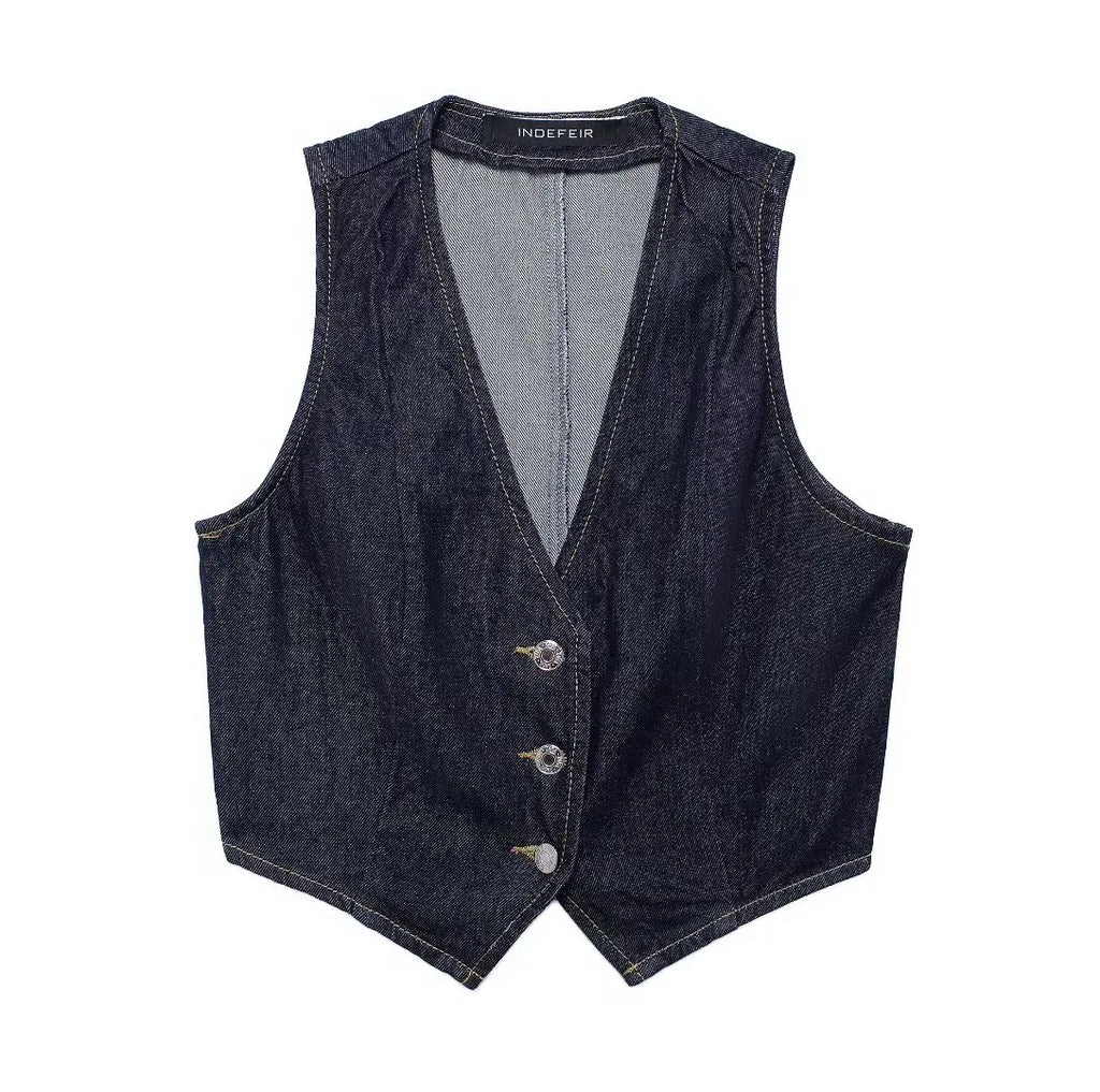 Denim V-Neck Collarless Vest Outfit with Long Pants for Women in Autumn