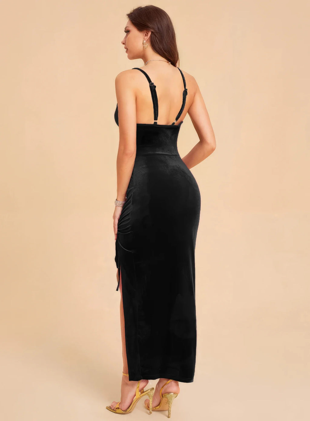 Sexy Velvet Suspender Dress With Side Slit Drawstring