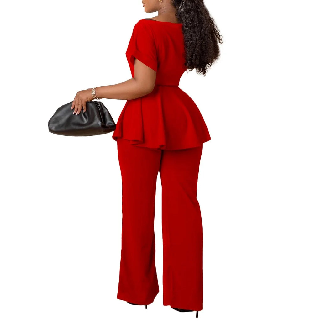 Women's Elegant 2 Piece Pants Set with Solid Blouse Short Sleeve O Neck and Long Trousers