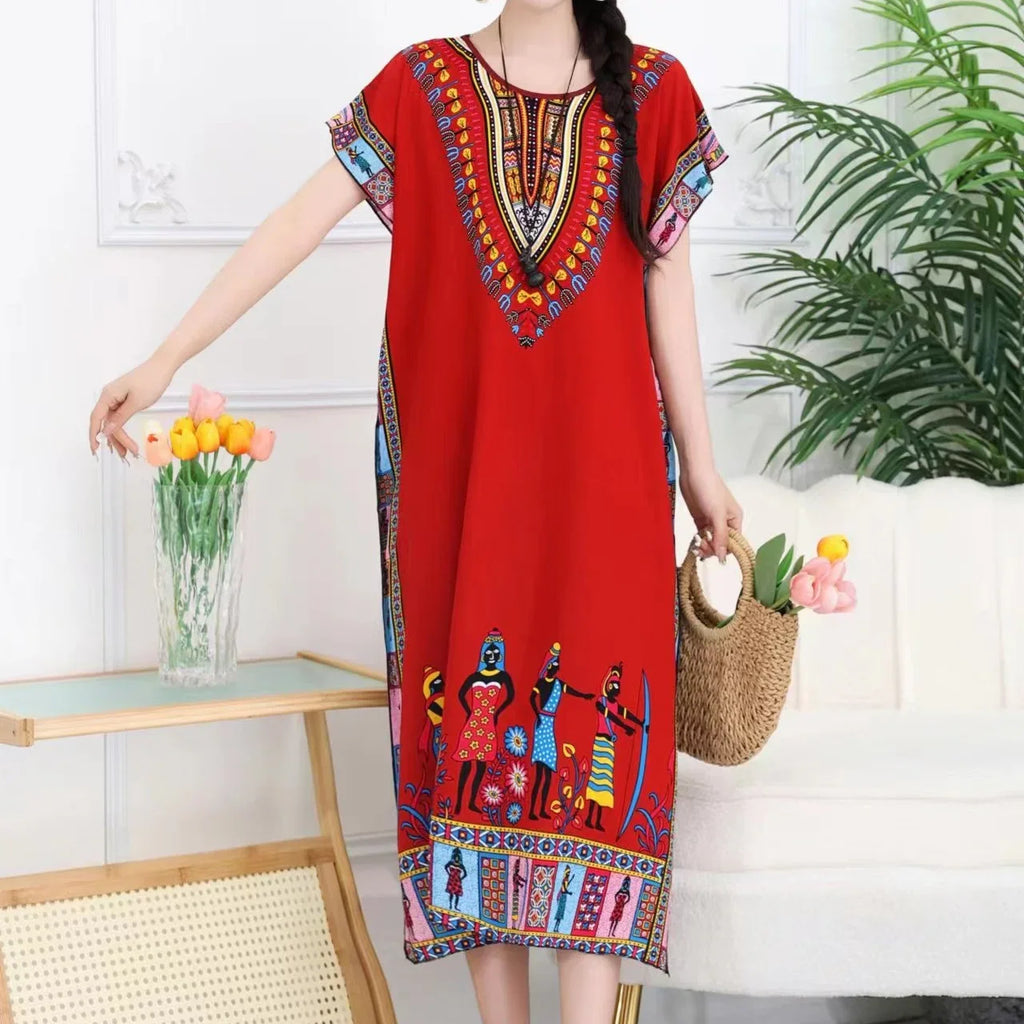 Retro Ethnic Print Batwing Sleeves Dress With High Slit