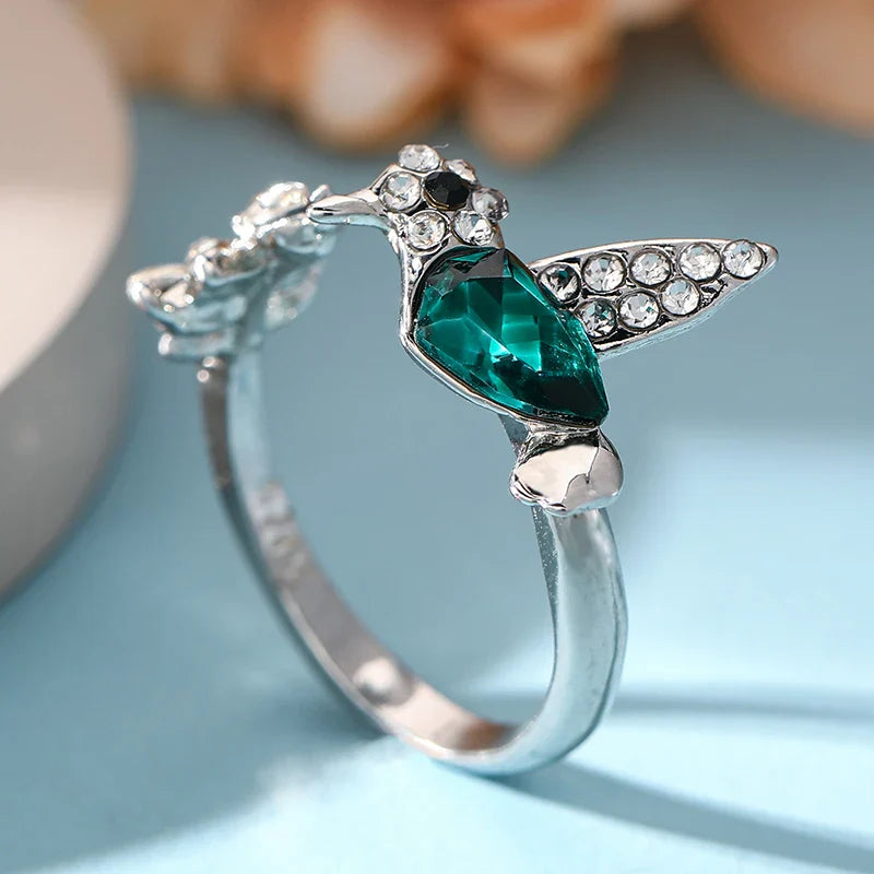 Elegant Natural Blue Stone Hummingbird Adjustable Ring for Women - Unique Glass Filled Wedding and Engagement Jewelry