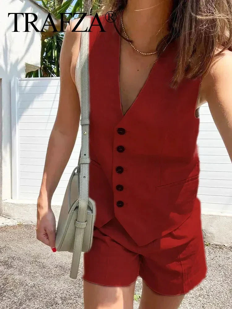 Casual Linen Sleeveless V-Neck Vest for Women Single Breasted Office Fashion Lightweight Linen Top