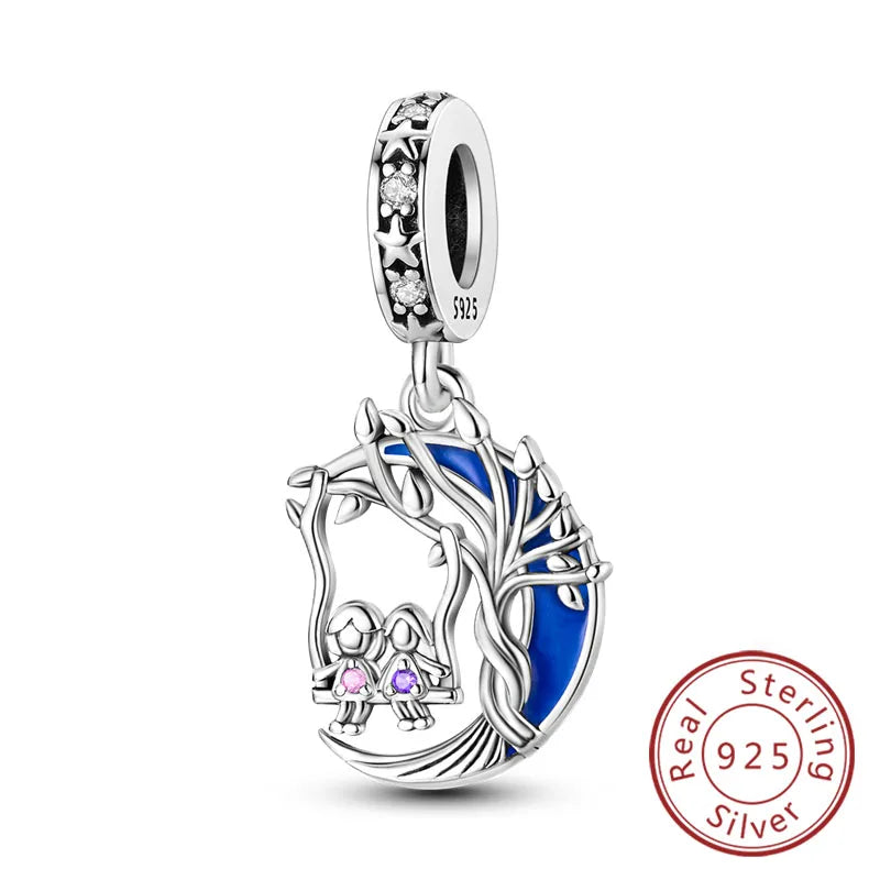 925 Sterling Silver Love Heart Family Charm Bead Pendant for Women's Bracelet Jewelry Gift