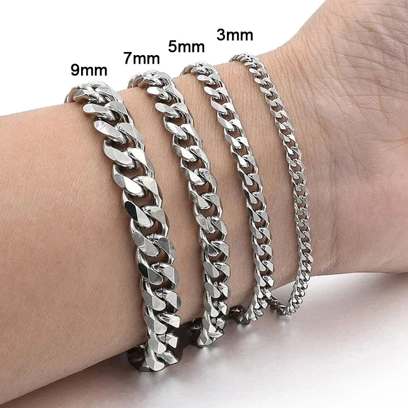 Trendy Cuban Chain Bracelet for Men and Women in Stainless Steel with 3mm 5mm 7mm 9mm Width Options