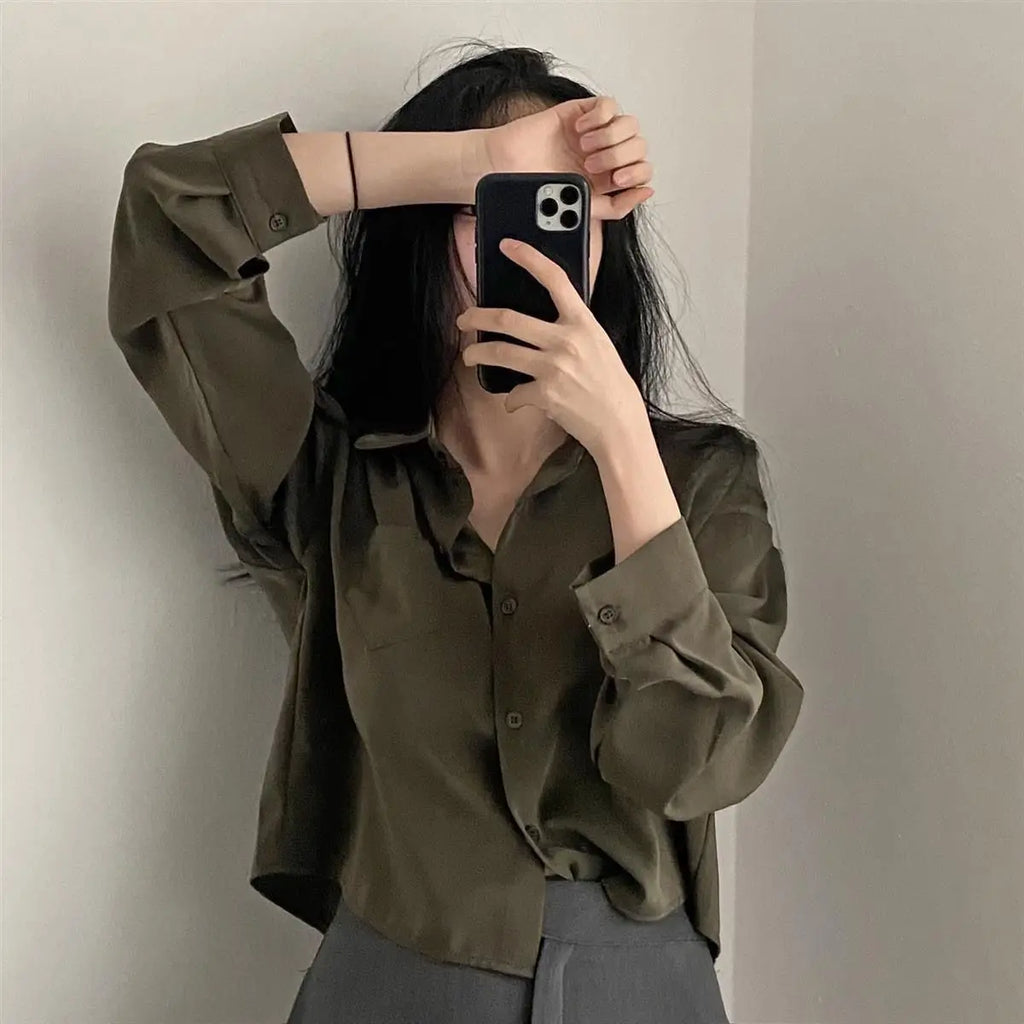 Simple Single Breasted Loose Long Sleeve Shirt Blouse Casual Elegant Solid Color Short Top