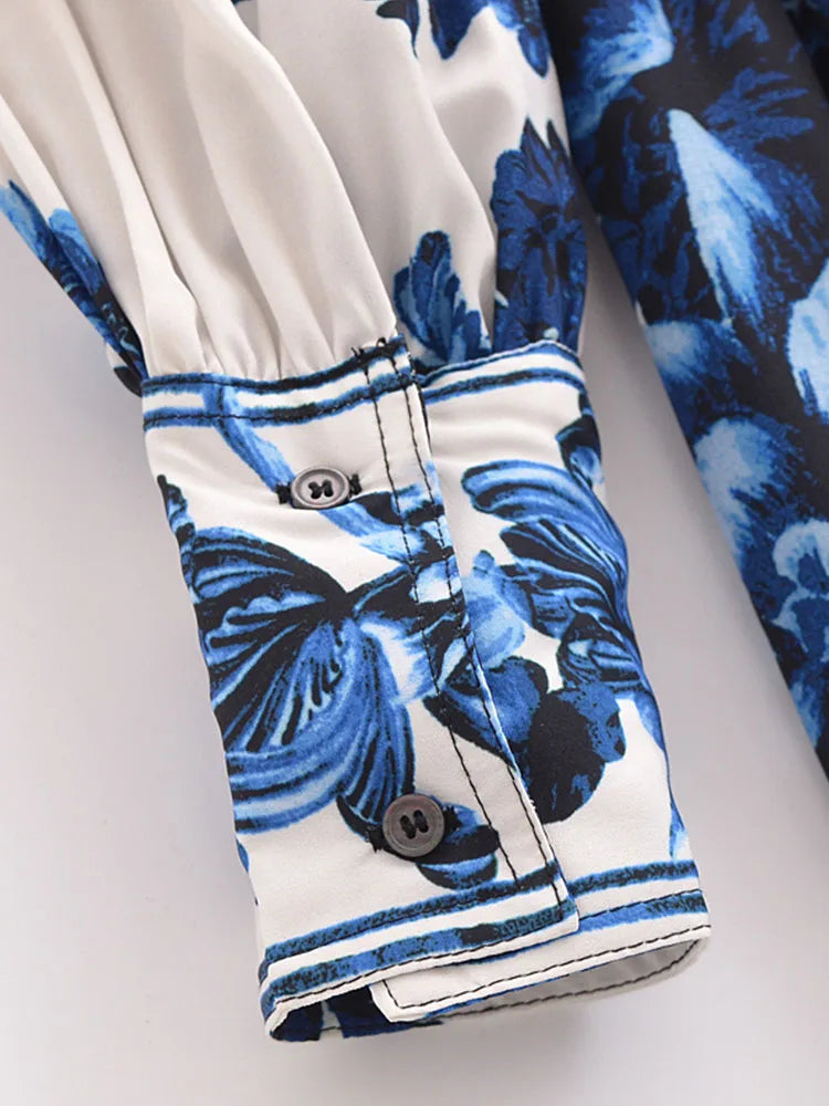 Womens Vintage Print Mini Dress With Bow Sash Long Sleeve