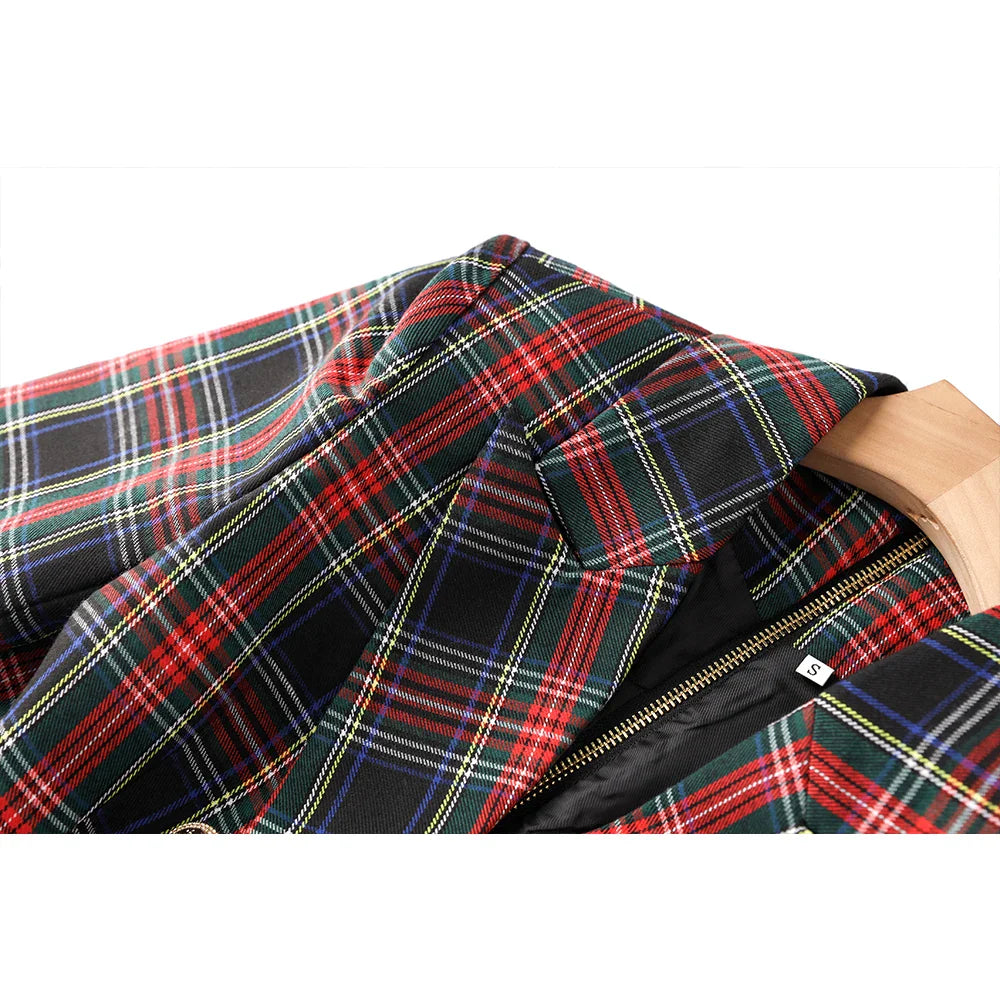 Black Red Plaid Blazer Dress With Belt For Office Women