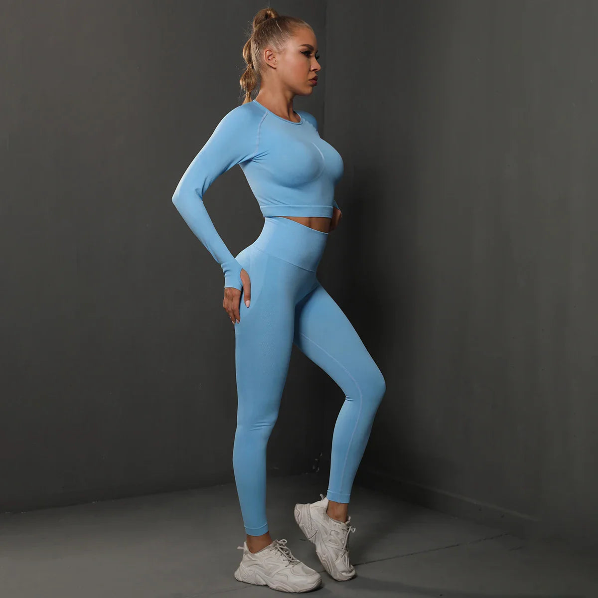 2Pcs Women Seamless Energy Gym Set Bubble Butt Sports Leggings and Long Sleeve Push Up Running Tracksuit Tights Activewear Set
