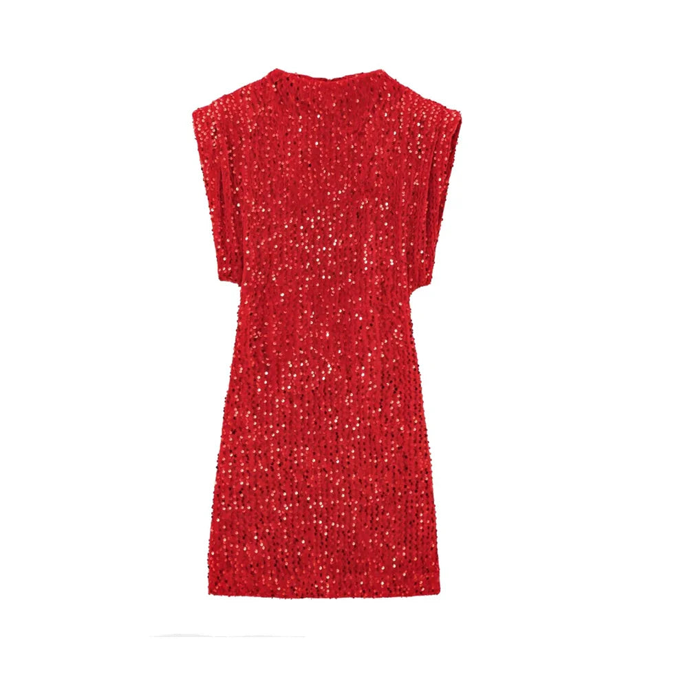 Sequined Mini Dress With Shoulder Pads O Neck Sleeveless