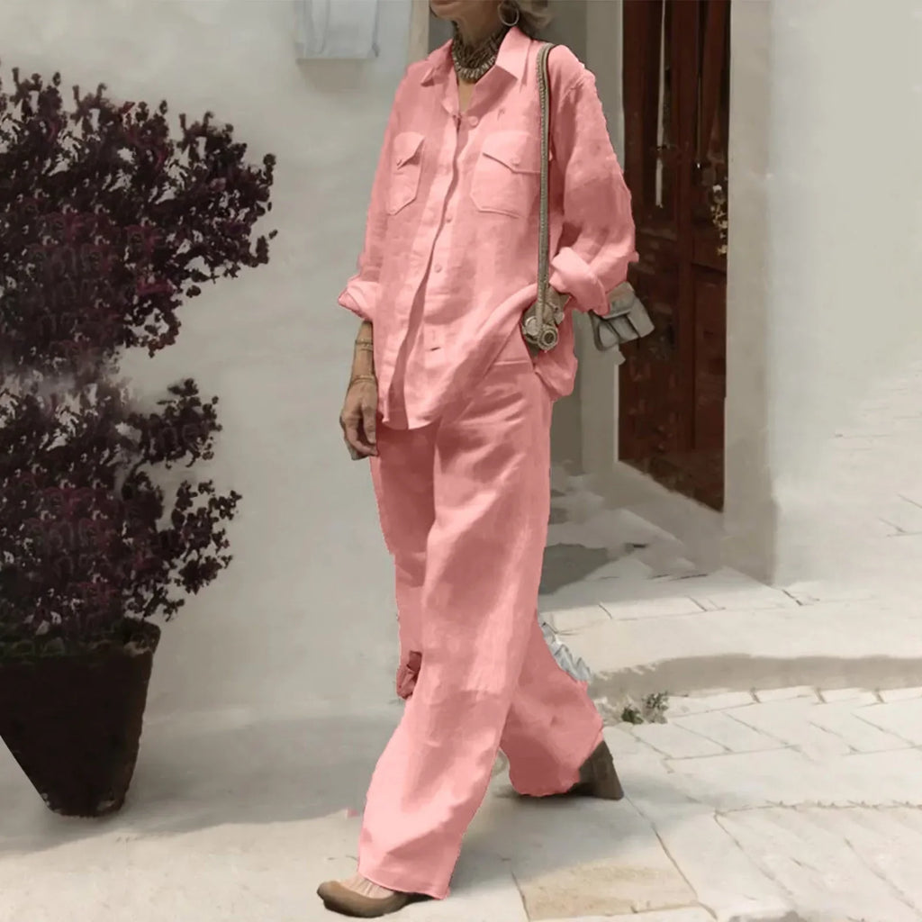 Summer Women's Two Piece Set Flip Collar Solid Color Pocket Shirt and Wide Leg Pants