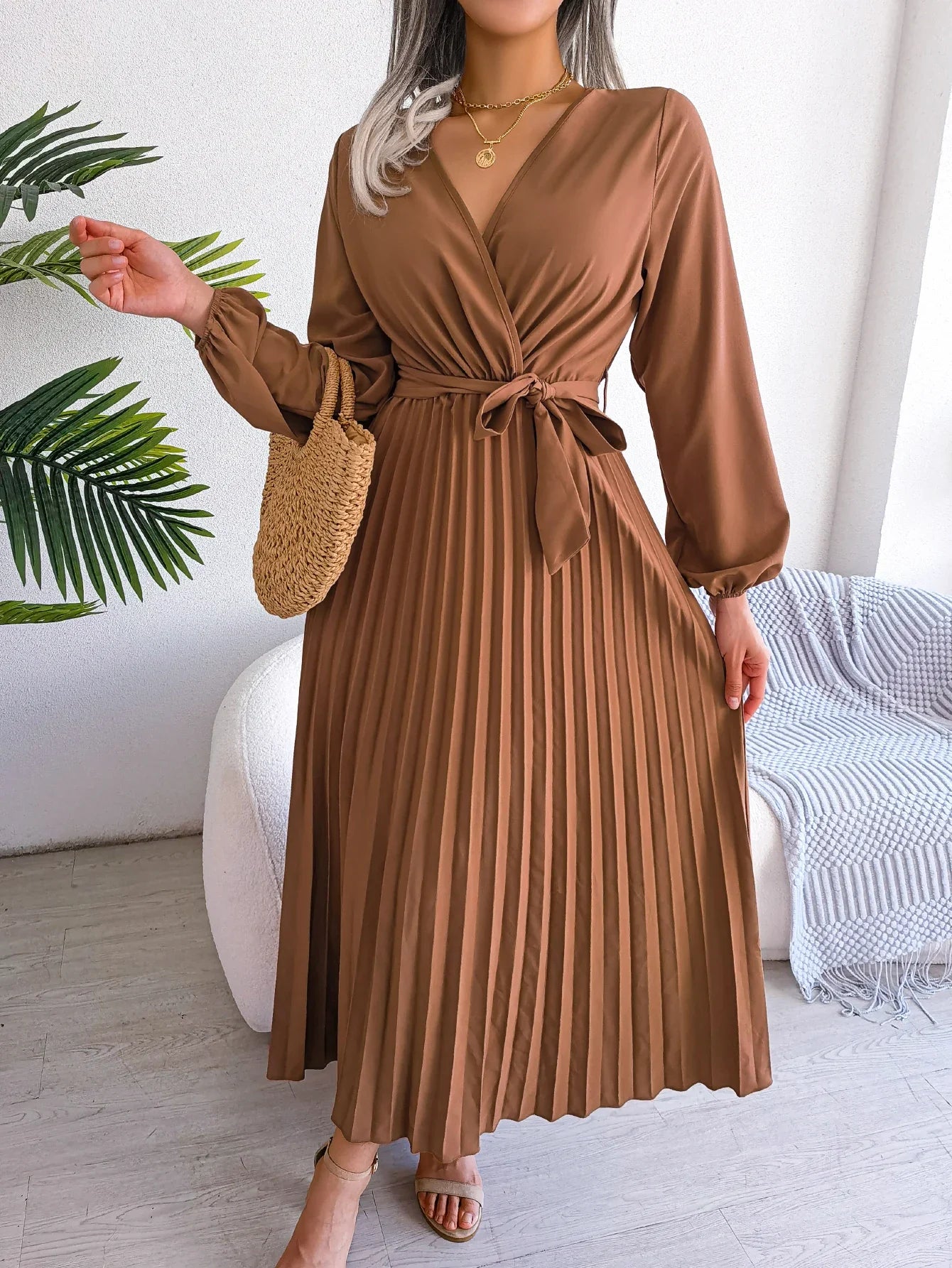 Elegant Surplice Neck Pleated Maxi Dress With Belt Flair