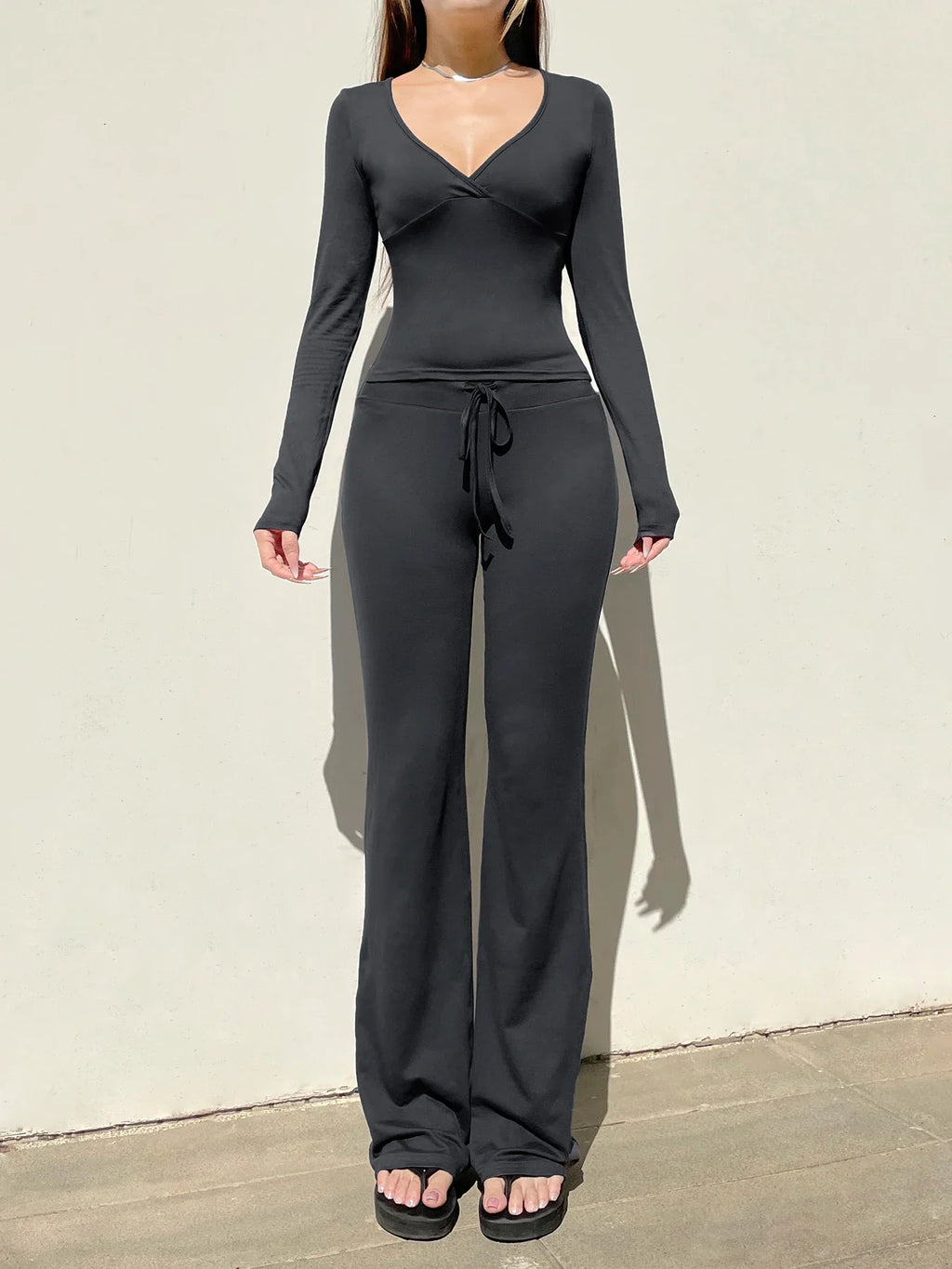 Casual V Neck Long Sleeve Top and Slim Drawstring Full Length Pants Women's Chic Low Waist Two Piece Outfit Set