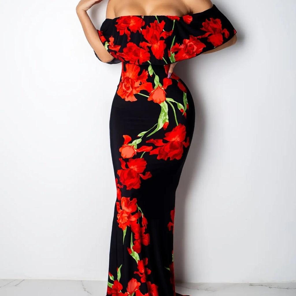 Floral Print Maxi Dress Off Shoulder Bodycon Silhouette