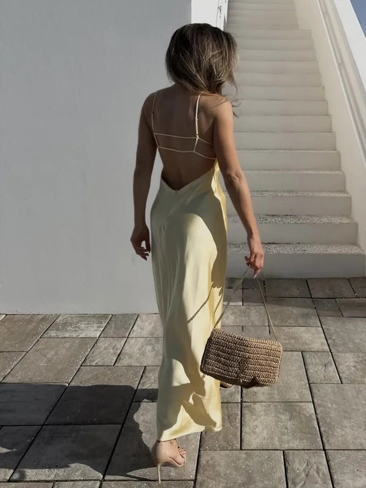 Silky Satin Backless Midi Dress With Textured Finish